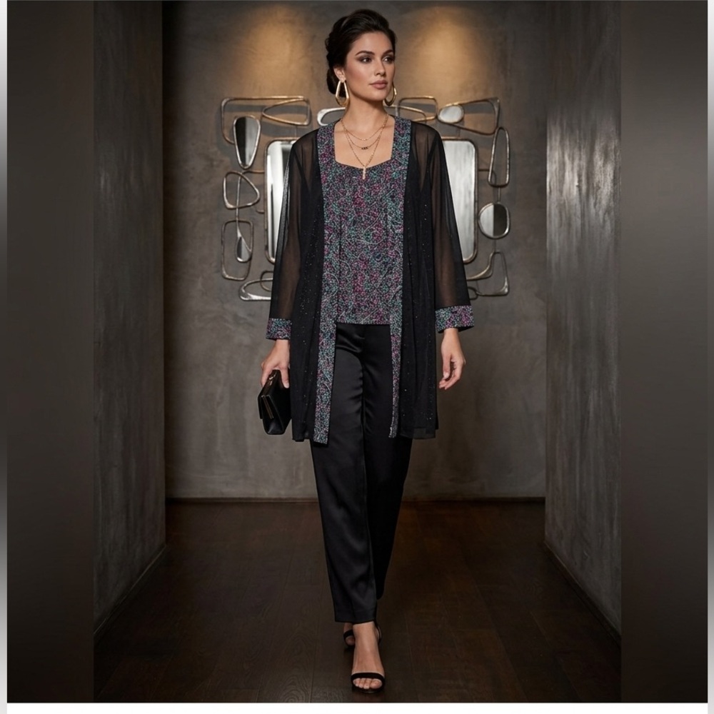 Alex Evenings 2pc Set: Sparkle Paisley Knit Tank & Sheer Mesh Glitter Jacket XL